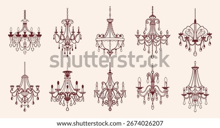 Collection of various pink chandeliers. Hand drawn illustration of antique crystal chandeliers. 