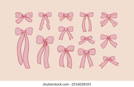 Collection of various pink ribbons in retro sketch style. Vector illustration of holiday bows. Hand drawn clipart for birthday, wedding, holidays, valentines day