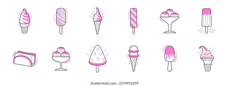 A collection of various pink and white ice cream treats, including cones, popsicles, and a sundae.