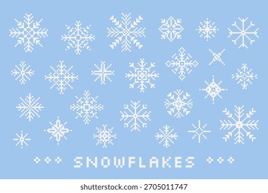Collection of various Pixel Art snowflakes. Isolated white decorative elements for UI, effects, retro games, New Year and Christmas designs. Vector clip art set for winter season.