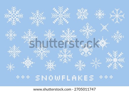 Collection of various Pixel Art snowflakes. Isolated white decorative elements for UI, effects, retro games, New Year and Christmas designs. Vector clip art set for winter season.