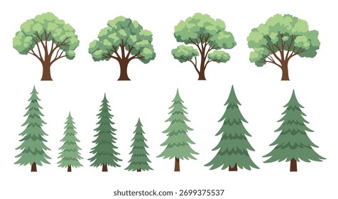 Uma coleção de várias árvores de arte de pixel apresentando estilos caducos e coníferas.