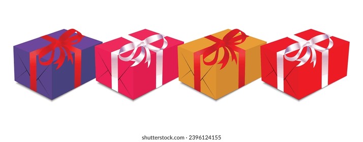 A collection of various plain gift-wrapped Christmas, birthday, or Valentine's Day presents with white and red ribbon bows with some creative design idea.