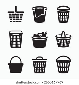 Collection of Various Plastic and Woven Laundry Baskets
