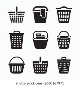 Colección de varias cestas de lavandería de plástico y tejido
