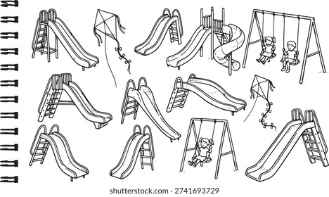 Collection of various playground slides and swings on transparent background