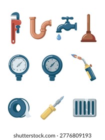 A collection of various plumbing tools and equipment, including a pipe wrench, pipe, faucet, plunger, pressure gauges, torch, tape, soldering iron, and grate.