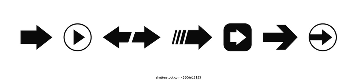 Collection of various pointing arrow icons in bold black color. Arrows pointers in different configurations. Signs design for navigation, movement, direction or play. Vector illustration