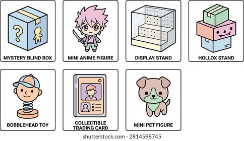 Collection of various popular collectible items and display accessories