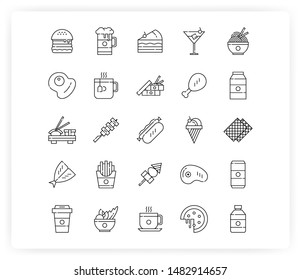 Collection of various popular food and drinks icons in outline style, with black outline color, no fill.
