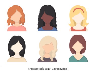 Collection of various portrait girls with different hair color and hairstyles isolated on white background. Vector illustration with face avatars in flat style