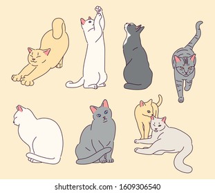 Collection of various poses of cute and lovely cat characters. hand drawn style vector design illustrations. 