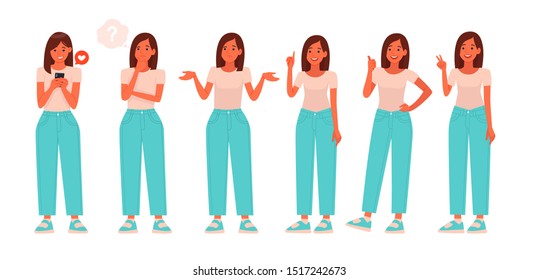 Collection of various poses and emotions of a young woman. Character of girl for your project. Vector illustration in a flat style