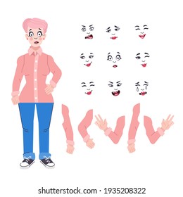 Collection of various poses and emotions of a young woman. Character of girl, illustration in cartoon style, Vector eps 10 format