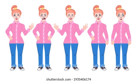 Collection of various poses and emotions of a young woman. Character of girl, illustration in cartoon style, Vector eps 10 format