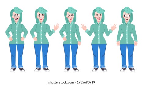 Collection of various poses and emotions of a young woman. Character of girl, illustration in cartoon style, Vector eps 10 format