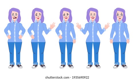 Collection of various poses and emotions of a young woman. Character of girl, illustration in cartoon style, Vector eps 10 format