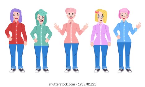 Collection of various poses and emotions of a young woman. Character of girl, illustration in cartoon style, Vector eps 10 format