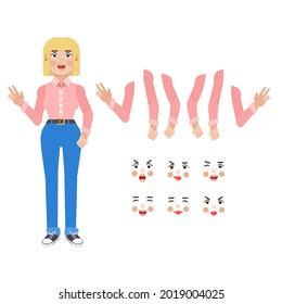 Collection of various poses and emotions of a young woman. Character of girl, illustration in cartoon style, Vector eps 10 format