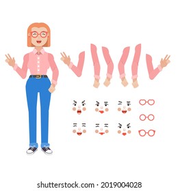 Colección de diferentes poses y emociones de una joven. Carácter de la niña, ilustración en estilo de caricatura, formato Vector eps 10