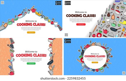 Collection of various posters with culinary courses advertising. Web banners with invitation to cooking classes. Flyers, leaflets with doodle cooking tools. Food preparation concept