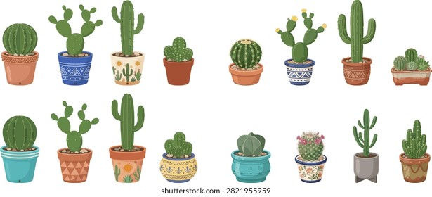 A collection of various potted cacti and succulents, each in a unique decorative pot, showcasing different shapes and sizes of desert plants.