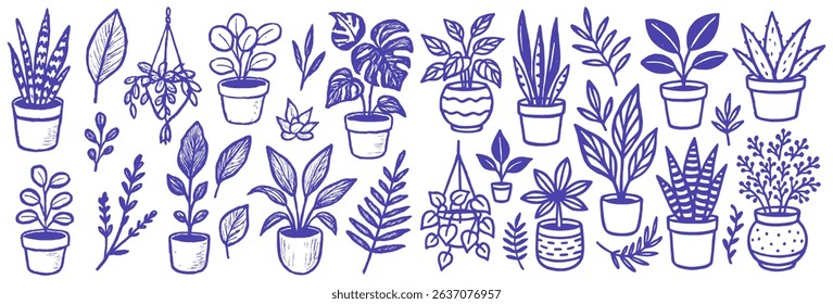 Collection of various potted house plants and leaves illustration seamless vector pattern design element