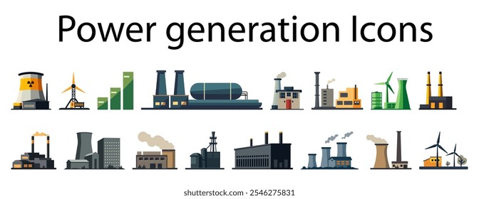 Esta é uma coleção abrangente de ícones que ilustram vários métodos e instalações usados para geração de energia