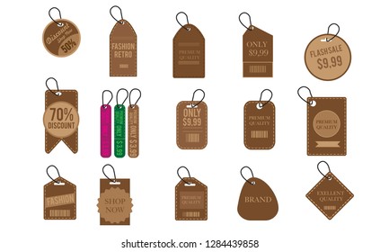 collection of various price label notes on white background.