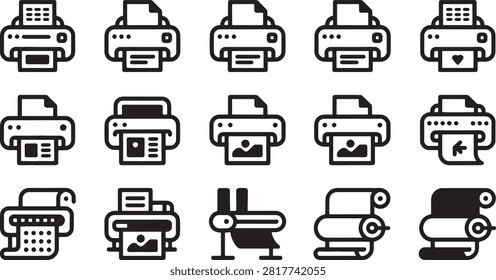 Collection of various printer icons with different document and media symbols isolated on transparent background