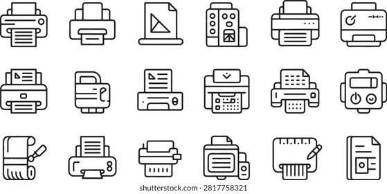 Collection of various printer icons and document related symbols on transparent background