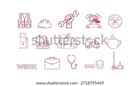 Collection of various profession and job outline icons including construction medical and fire safety symbols for labor day design.