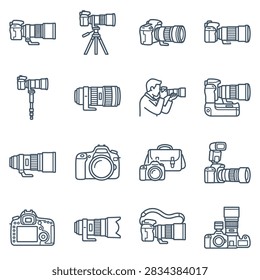A collection of various professional camera equipment line icons