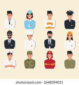 Collection of various professional figures, displayed in a flat design style. Each figure is a representation of a different profession, and includes different gender portrayals of varied professional