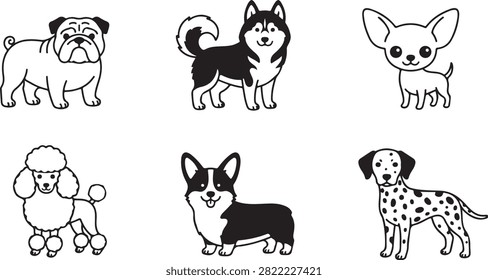 Collection of various purebred dogs vector illustration set with collection illustration domestic