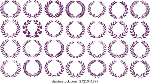 A collection of various purple laurel and olive wreaths in different styles, arranged in a grid pattern on a white background, symbolizing victory, achievement, and honor.