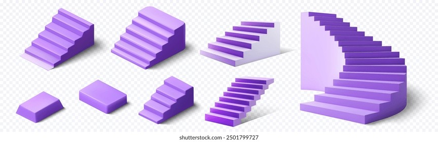 A collection of various purple staircases in different shapes and sizes displayed on a transparent background ideal for architectural and design visualizations. Purple stair shapes.