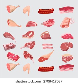 Collection of Various Raw Meat Cuts and Sausages for Cooking