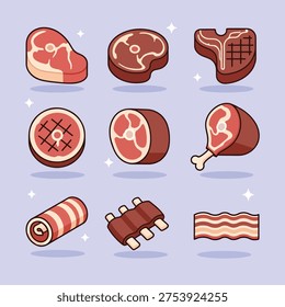 A collection of various raw meat cuts and cooked meat products, including steaks, roasts, ribs, and bacon, presented in a clean, illustrative style.