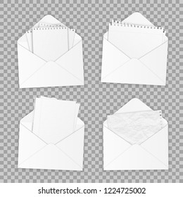 Collection of various realistic white envelopes and papers. Office paper of different types, design template. Vector illustration.