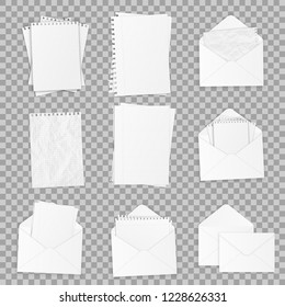 Collection of various realistic white papers. Office paper of different types, design template. Vector illustration.