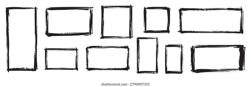 Collection of various rectangular hand-drawn frames with a rough, distressed brush stroke texture, isolated on a white background.