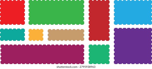 A collection of various rectangular postage stamps in different vibrant colors, featuring a classic perforated edge design, isolated on a clean white background.
