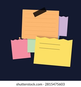 A collection of various rectangular sticky notes in yellow orange pink green and purple colors layered together with tape and push pins on a dark blue background surface