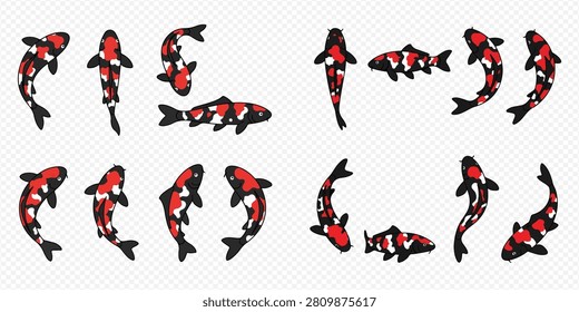 A collection of various red, black, and white koi fish illustrations, depicted in different swimming positions and angles.