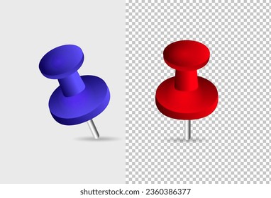 A collection of various red and blue push pins. Thumbtacks. Top view. Vector illustration.