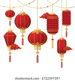 Una colección de varios faroles chinos rojos con detalles dorados y borlas, adornados con nubes decorativas, suspendidos por cuerdas sobre un fondo blanco.