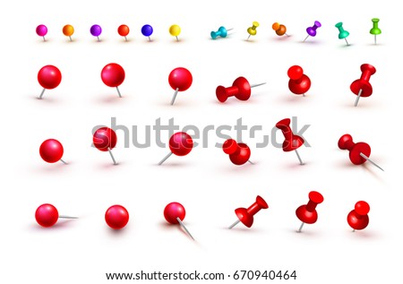 Collection of various red and colorful push pins. Thumbtacks. Top view. Front view. Close up. Vector illustration. Isolated on white background.