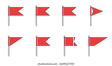 Collection of various red flags flying on poles displaying different shapes and designs