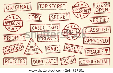 Collection Of Various Red Grunge Style Retro Stamps. Vintage Text Rubber Stamp Set. Denied, Fragile, Private, Top Secret, Sold, Rejected, Approved. Isolated Vector Illustration.